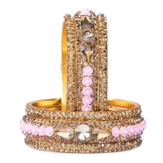 Metal with Zircon Gemstones Glossy Finished Gold & Pink Color Bangles Set