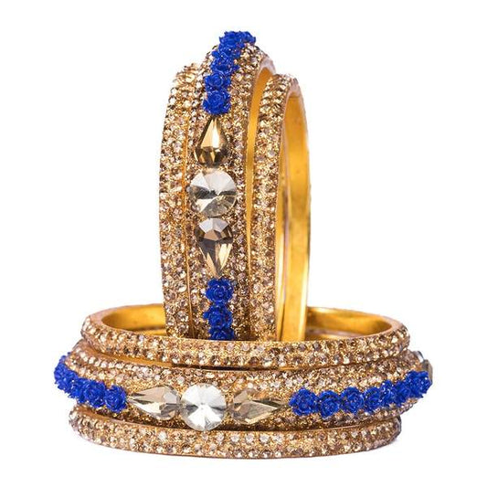 Metal with Zircon Gemstones Glossy Finished Gold & Blue Color Bangles Set