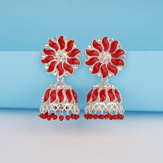 Red Color Traditional Silver-Plated Jhumka Earrings For Women