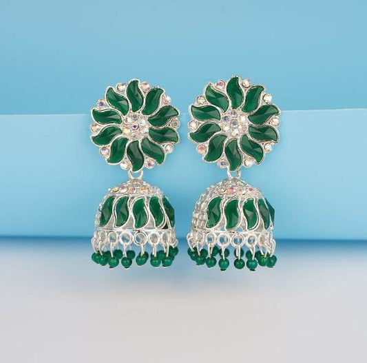 Green Color Traditional Silver-Plated Jhumka Earrings For Women