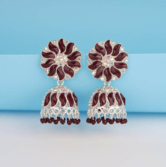 Maroon Color Traditional Silver-Plated Jhumka Earrings For Women