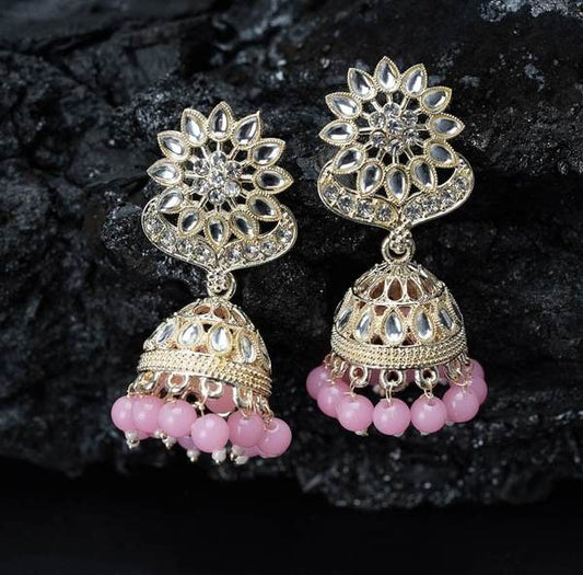 Jhumka Earrings for Party Wear Stone Jhumki Pink Color