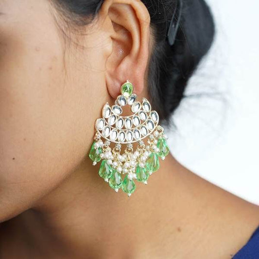 Beautiful Lime Color Gold Plated Kundan Earrings for Women and Girls