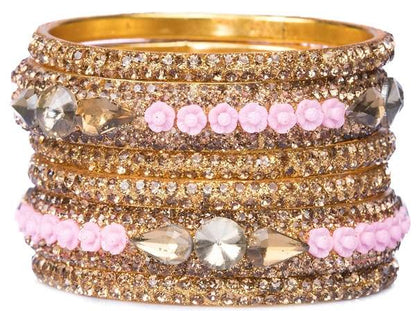Metal with Zircon Gemstones Glossy Finished Gold & Pink Color Bangles Set front view