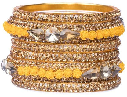 Metal with Zircon Gemstones Glossy Finished Gold & Yellow Color Bangles Set front view 02