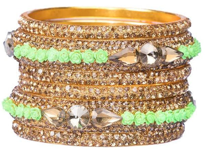Metal with Zircon Gemstones Glossy Finished Gold & Green Color Bangles Set front view 02