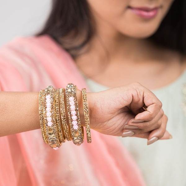 Metal with Zircon Gemstones Glossy Finished Gold & Pink Color Bangles Set together in one hands