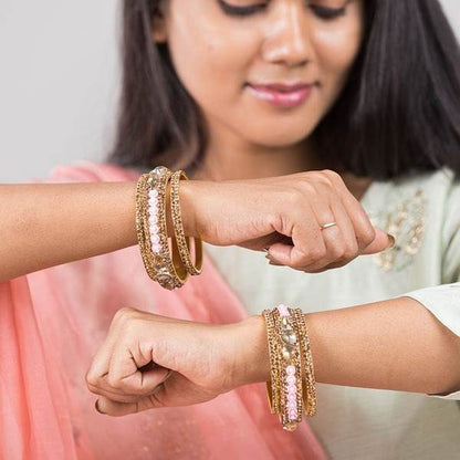 Metal with Zircon Gemstones Glossy Finished Gold & Pink Color Bangles Set together in two hands