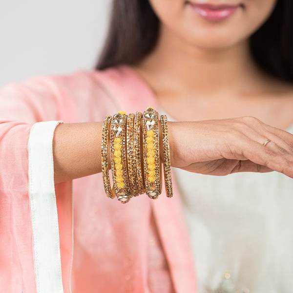 Metal with Zircon Gemstones Glossy Finished Gold & Yellow Color Bangles Set
